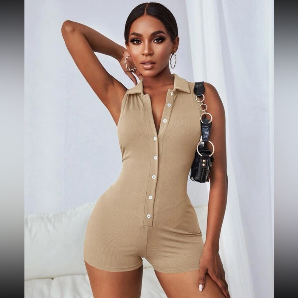 SHEIN Button Up Front Rib-Knit Romper